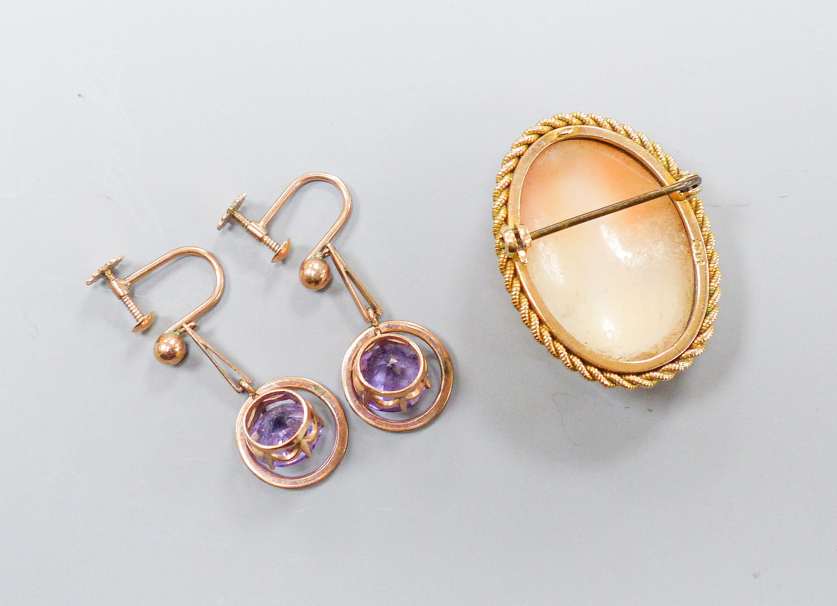 An oval cameo brooch in 9ct mount with rope-twist edge, 35mm and a pair of 9ct drop earrings set with circular synthetic sapphires, gross weight 12.8 grams.